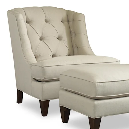 Transitional Wing Chair with Button Tufting and Exposed Wood Feet